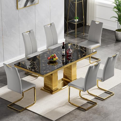 White Marble Dining Table for 6 Luxury Faux Marble Kitchen Table with Gold Mirrored Stainless Steel Base, 70