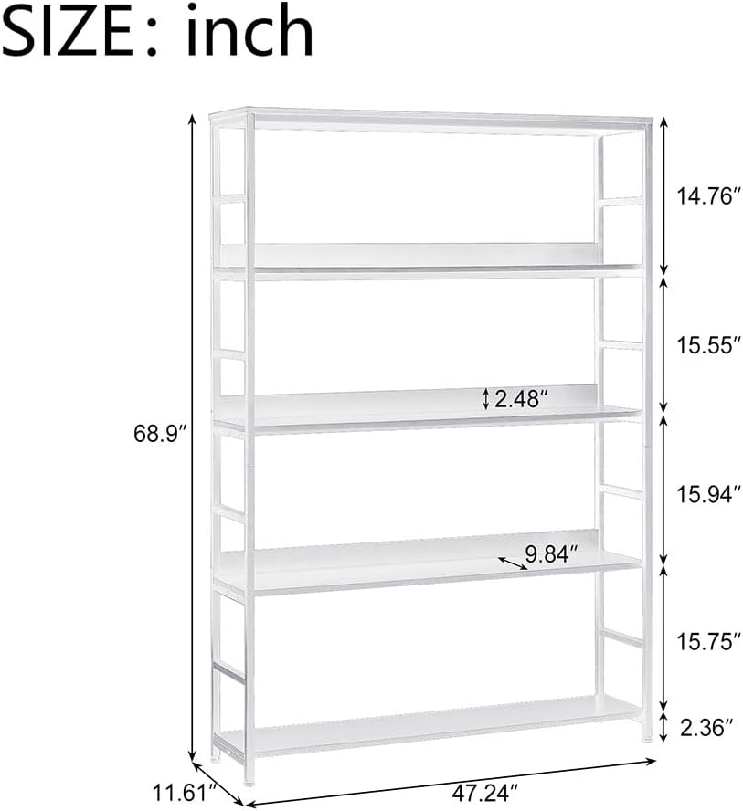 White Bookshelf, 5 Tier Tall Industrial Bookcase with MDF Board and Practical Powder-Coated Steel Frame Wood Metal Frame Standing Book Shelf for Bedroom Living Room Home Office(White)