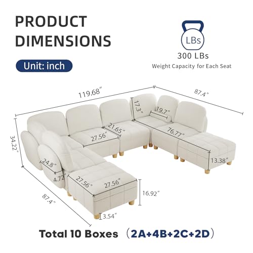 LLappuil Modular Sectional Couch, Oversized U Shaped Sectional Sofa for Living Room 8 Seater Sofa in Cozy Removable Covered Teddy Velvet Fabric,with Coffee Table Ottoman (Beige)