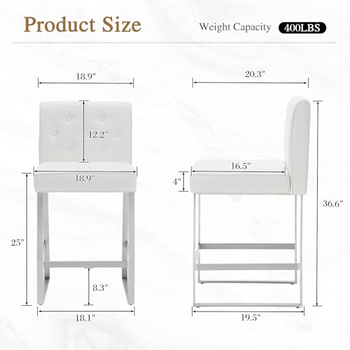 Black Bar Stools Set of 3, Counter Height Bar Stools with Back, Stainless Steel Frame, 25