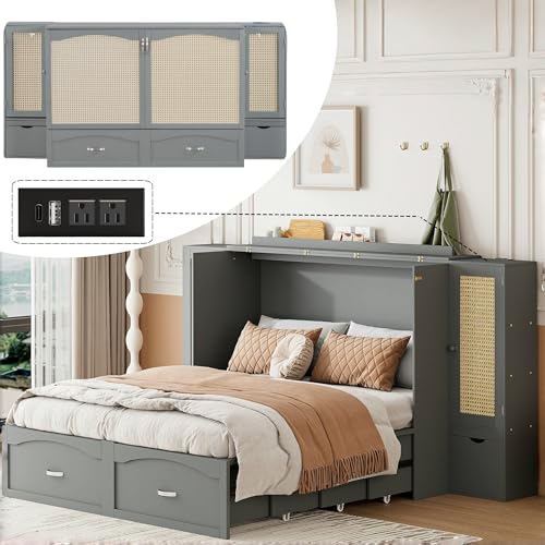 Queen Hidden Murphy Bed with Storage, Wood Wall Bed Cabinet with Drawer Shelves Charging Station,Foldable Bed Frame for Small Space,Living Room(Gray, Queen (U.K. Standard))
