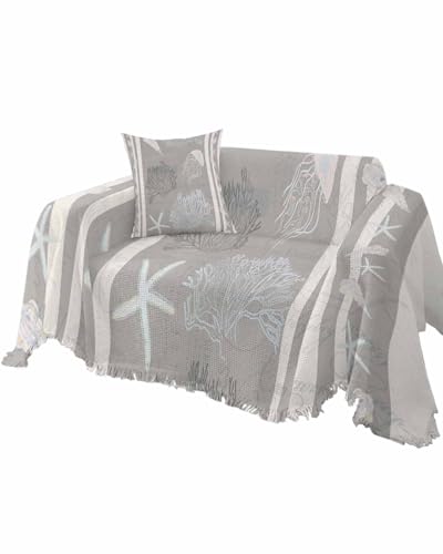 Ocean Teal Blue Sofa Cover Couch Covers for 3-4 Cushion Couch Throw Couch Cover with Tassel Soft Sofa Slipcover Coral Starfish Jellyfish Vintage Couch Furniture Protector for Dog Pet 71