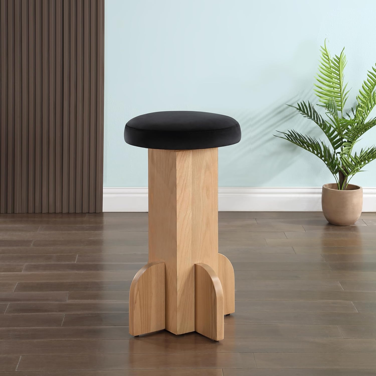 Meridian Furniture 717Black-C Wyatt Collection Art Deco Stool with Luxe Black Velvet, Ash Wood Natural Finish, 16