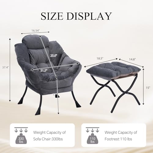 Modern Cotton Fabric Lazy Chair with Ottoman, Accent Contemporary Lounge Single Leisure Upholstered Sofa Chair Set with Armrests and a Side Pocket for Living Room & Bedroom (Dark Brown)