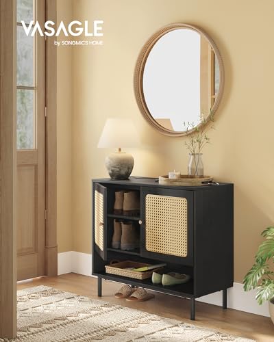 VASAGLE Shoe Cabinet, 3-Tier Shoe Storage Organizer, Shoe Shelf with Rattan-Look Doors, Height-Adjustable Shelf, Freestanding Cabinet, Steel Legs, Boho Style, Oak Beige ULBC049N01