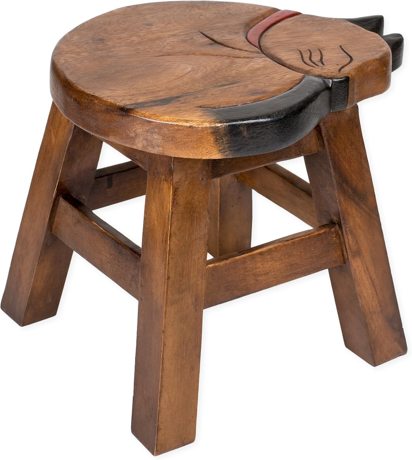 Sea Island Imports Sleepy Kitty Design Hand Carved Acacia Hardwood Decorative Short Stool