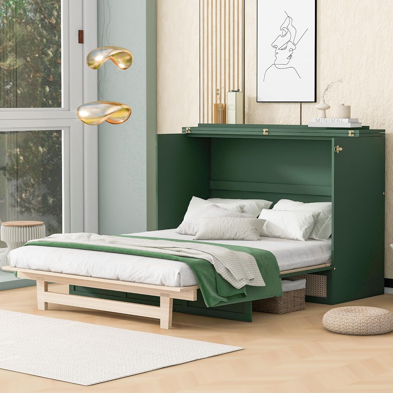 Queen Size Murphy Bed with Large Drawers, Solid Wood Murphy Bed Chest with Rattan Patterned Designs, Platform Bed Wall Bed Chest Bed for Guest Room Small Room (Green-Queen-42.7