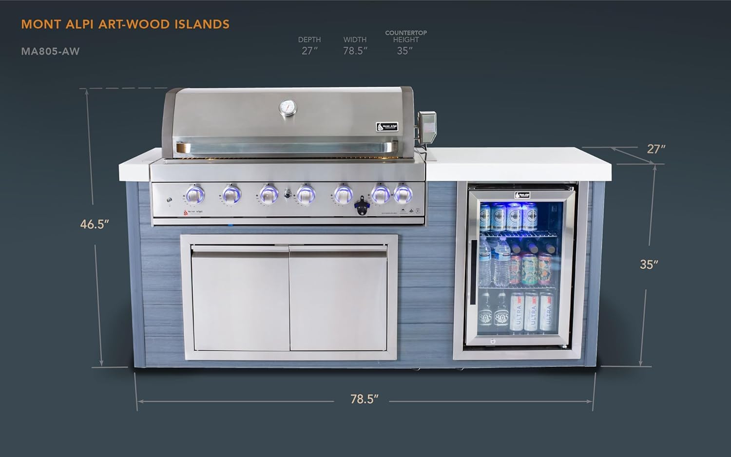 Mont Alpi MA805-AW Artwood HDPE Plastic Built-in 6-Burner 44 inch 87000 BTU Propane Natural Gas Stainless Steel Outdoor Kitchen Barbecue Island Grill + White Granite Countertops + Fridge Cabinet