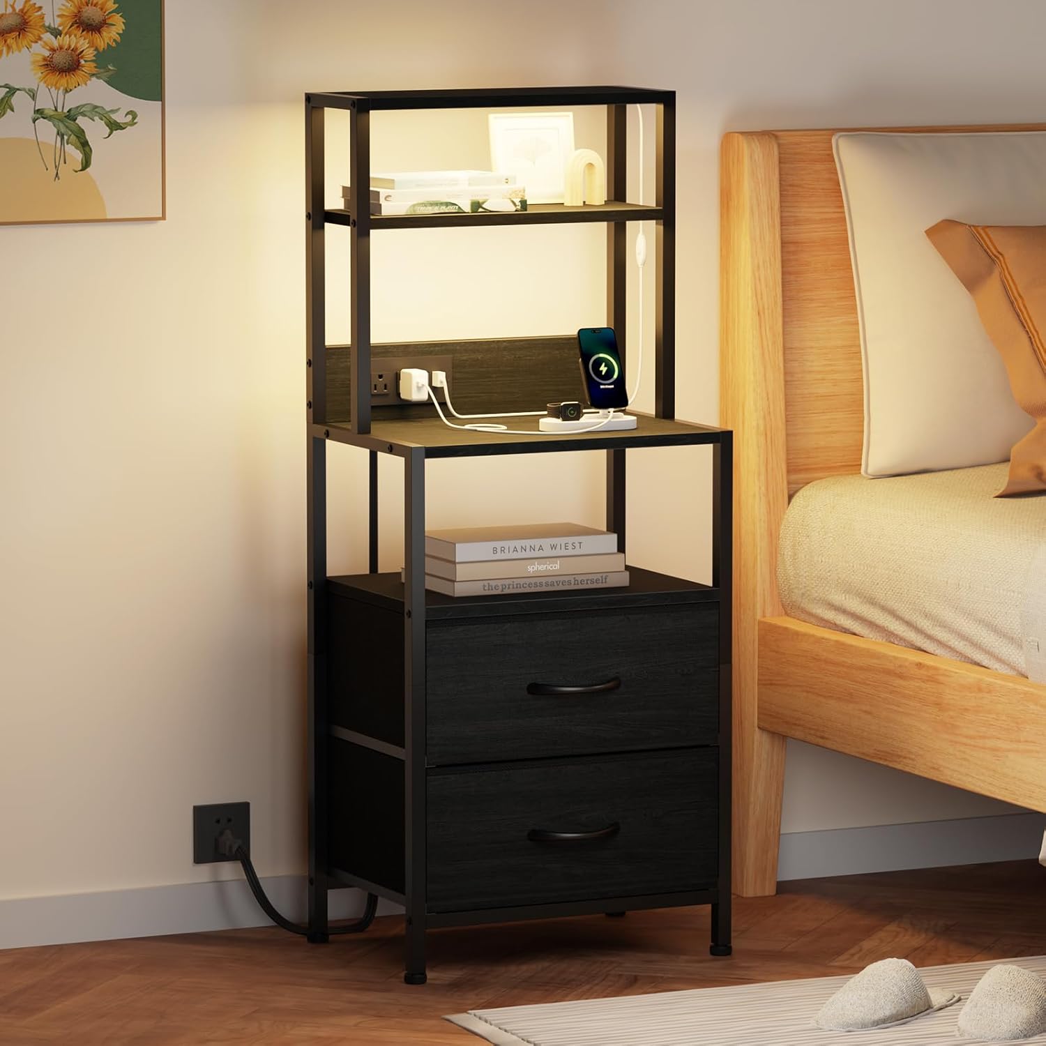 Furnulem 39inch Tall Nightstand with 2 Drawers and Charging Station, Vertical Storage Tower Black Dresser for Bedroom, Hallway, Entryway, Nursery, Closet Organizer, Nightstand Bedside Table Furniture