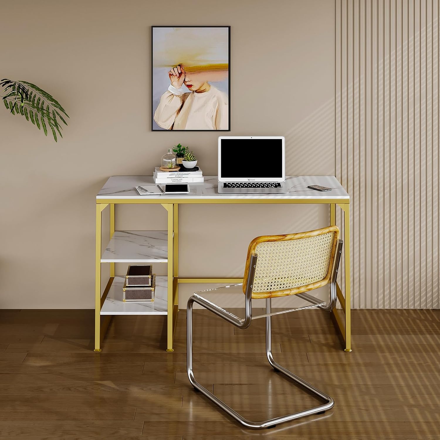 Computer Desk, Golden Modern Office Stand with Storage Rack,Large Executive Desk, Laptop Gaming Study Table, Home Office Furniture for Small Space Home Office