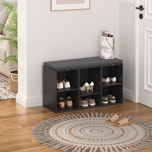 Shoe Storage Bench with Seating Cushion, Shoe Rack with 6 Cubby Organizers, Space Saving Shoe Rack for Entryway, Living Room, Hallway, Bedroom, Black