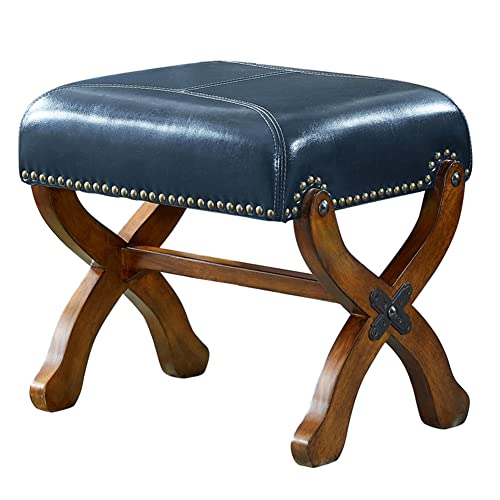 Leather Footrest Wood Ottoman,Rustic Foot Stools Ottoman Seat, Wood Footstool,Rectangle Footrest Small Ottoman for Living Room Bedroom (Brown)