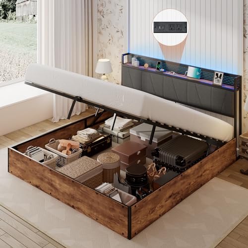 Albott King Size Lift Up Storage Bed Frame, Modern RGB LED Light Platform Bed Frame with Charging Station/Linen Upholstered Headboard/No Box Spring Needed, Black