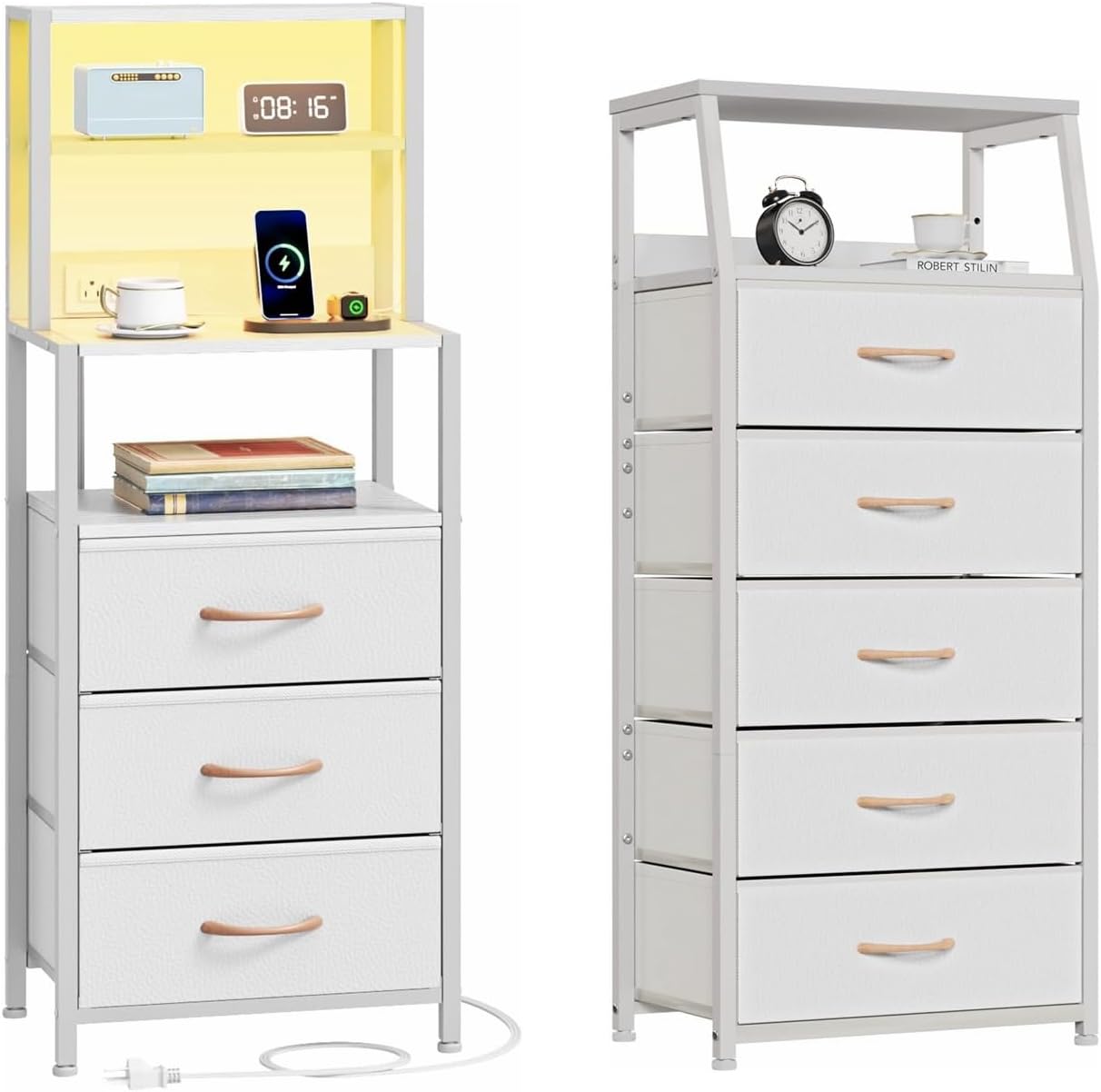 Furnulem Tall Nightstand with 4-Tier Shelves, Vertical Storage Tower Fabric Dresser for Bedroom, Nightstand Bedside Table Furniture, Sturdy Steel Frame, Wood Top