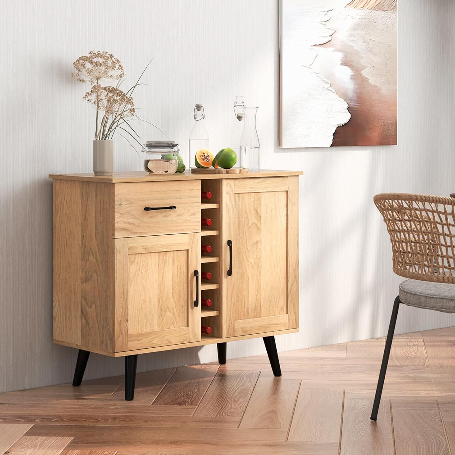 Buffet Cabinet with Storage, Liquor Cabinet with 6-Bottle Wine Rack, 1 Drawer and 2 Doors, Wood Buffets & Sideboards, Farmhouse Coffee Bar Table for Kitchen, Dining Living Room, Entryway