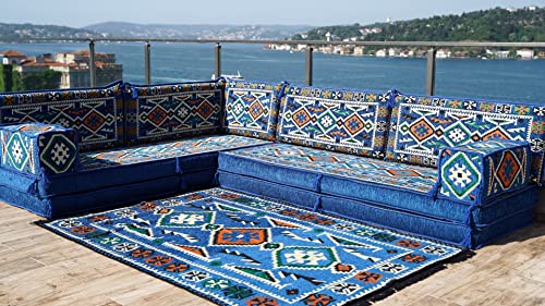 Royal Blue Floor Sofa Seating Set, Arabic Floor Sofa Set, Garden Sofas, Oriental Floor Seating, Floor Cushions, Floor Cocuhes, Sofa Covers (L Sofa Full Set)