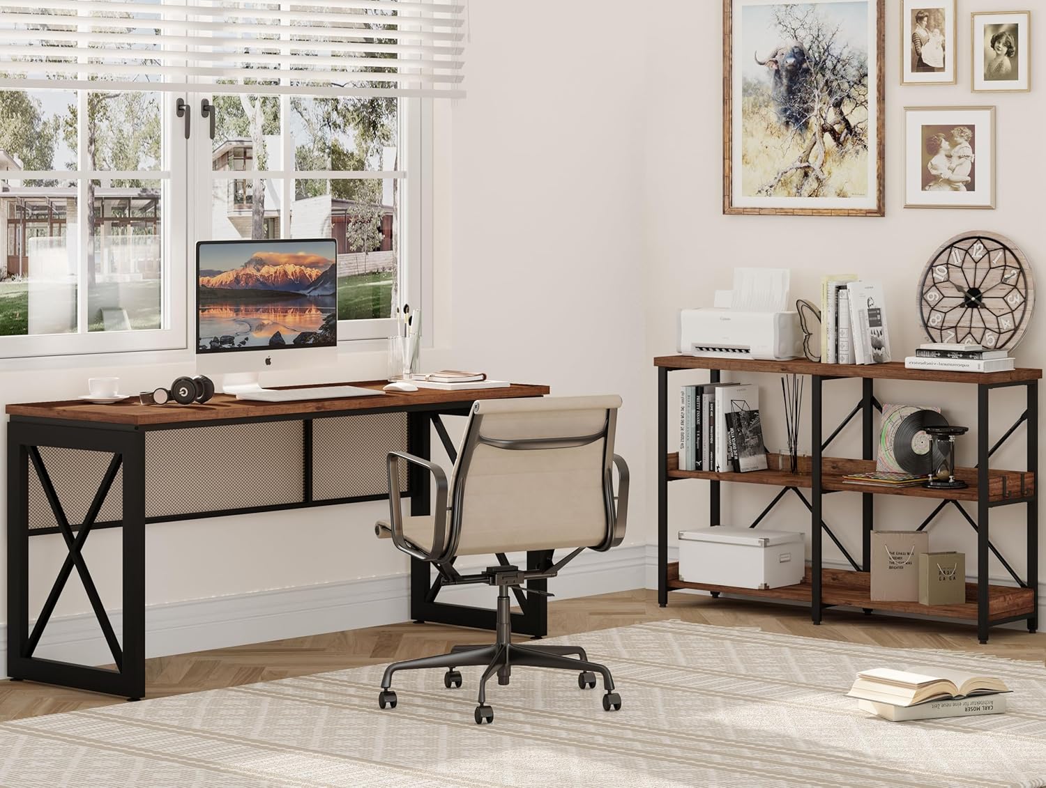 BON AUGURE 3 Tier Sofa Table Behind Couch and 60 Inch Computer Desk, Wood and Metal Furniture Set for Living Room, Bedroom, Home Office (Rustic Oak)