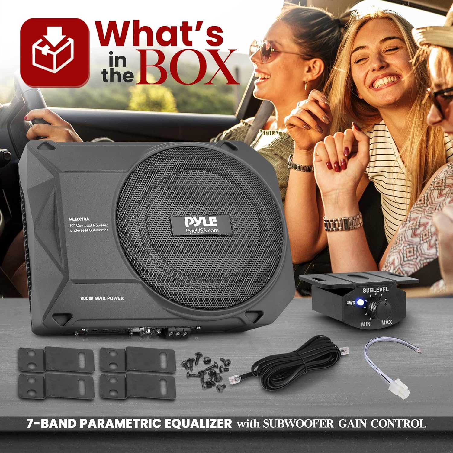 Pyle 10-Inch Low-Profile Amplified Subwoofer System - 900 Watt Compact Enclosed Active Underseat Car Audio Subwoofer with Built-in Amp, Powered Car Subwoofer w/Low & High-Level Inputs - PLBX10A