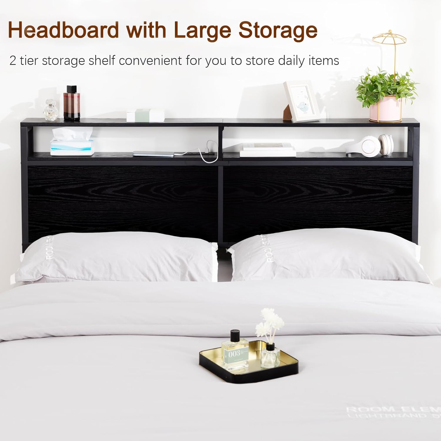 Queen Size Headboard,LED Nightstand with Charging Station