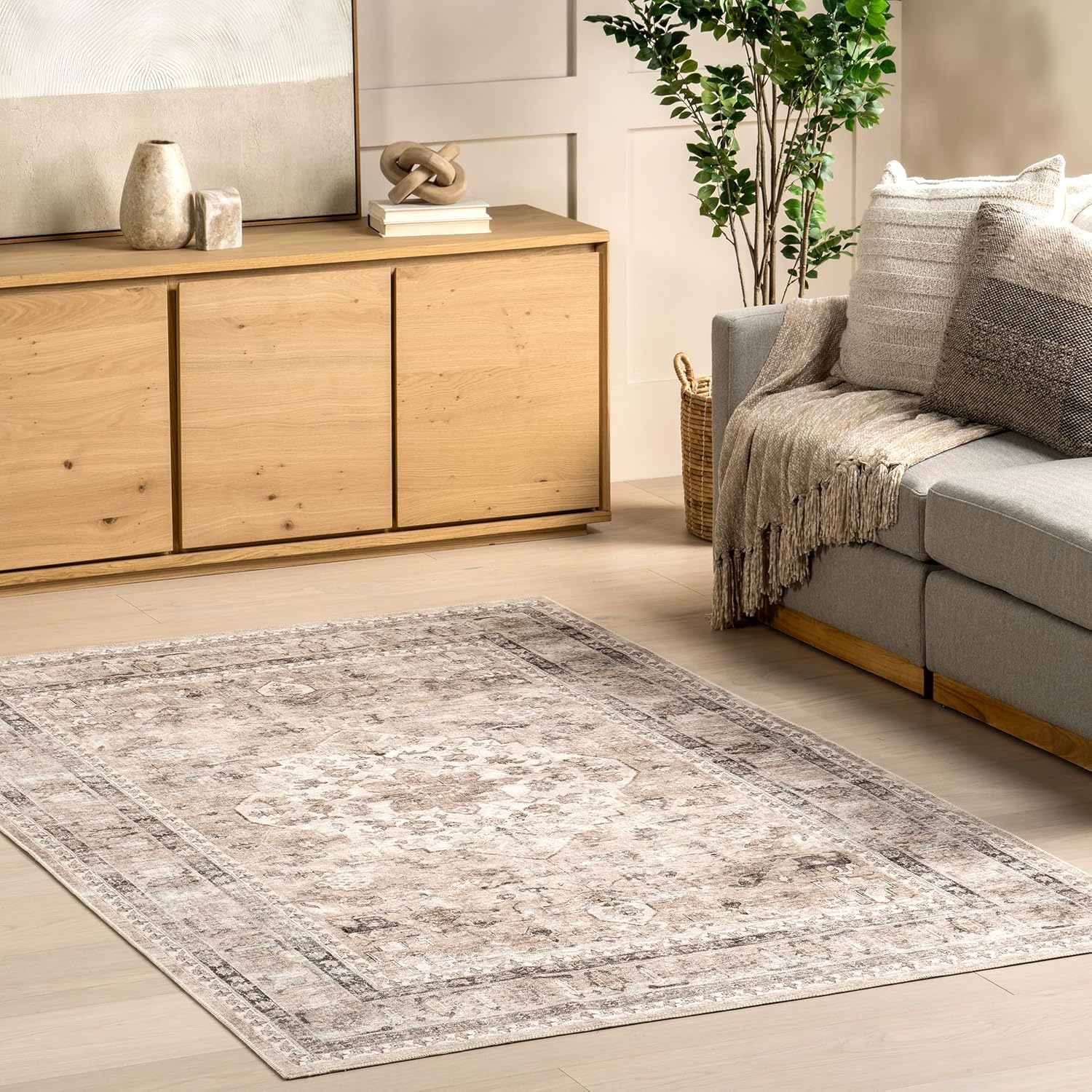 nuLOOM Davi Medallion 6x9 Spill Proof Machine Washable Area Rug for Living Room Bedroom Dining Room, Stone/Ivory