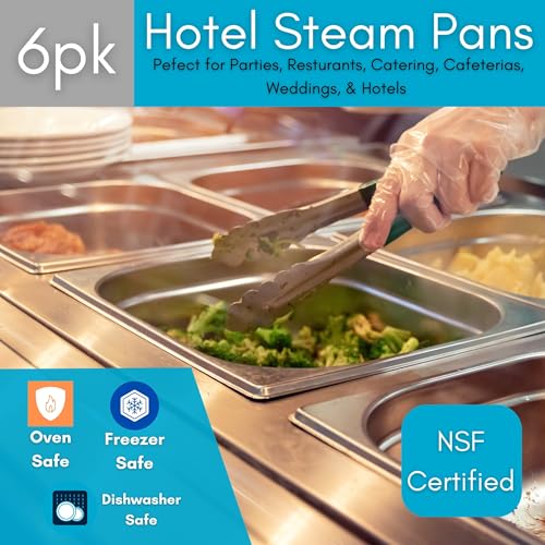 BIRDROCK HOME Stainless Steel Steam Table Pan - Hotel, Restaurant & Catering Supplies - 24 Gauge Steel, 6.2 qt Capacity - Meal Prep, Cooking, &Food Storage Container - 6