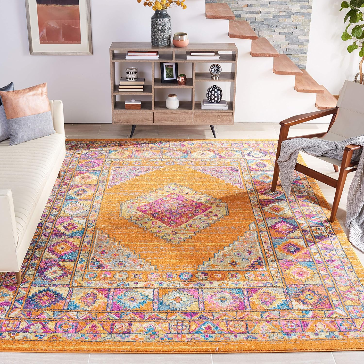 SAFAVIEH Madison Collection Area Rug - 10' x 14', Orange & Fuchsia, Boho Chic Medallion Design, Non-Shedding & Easy Care, Ideal for High Traffic Areas in Living Room, Bedroom (MAD133D)