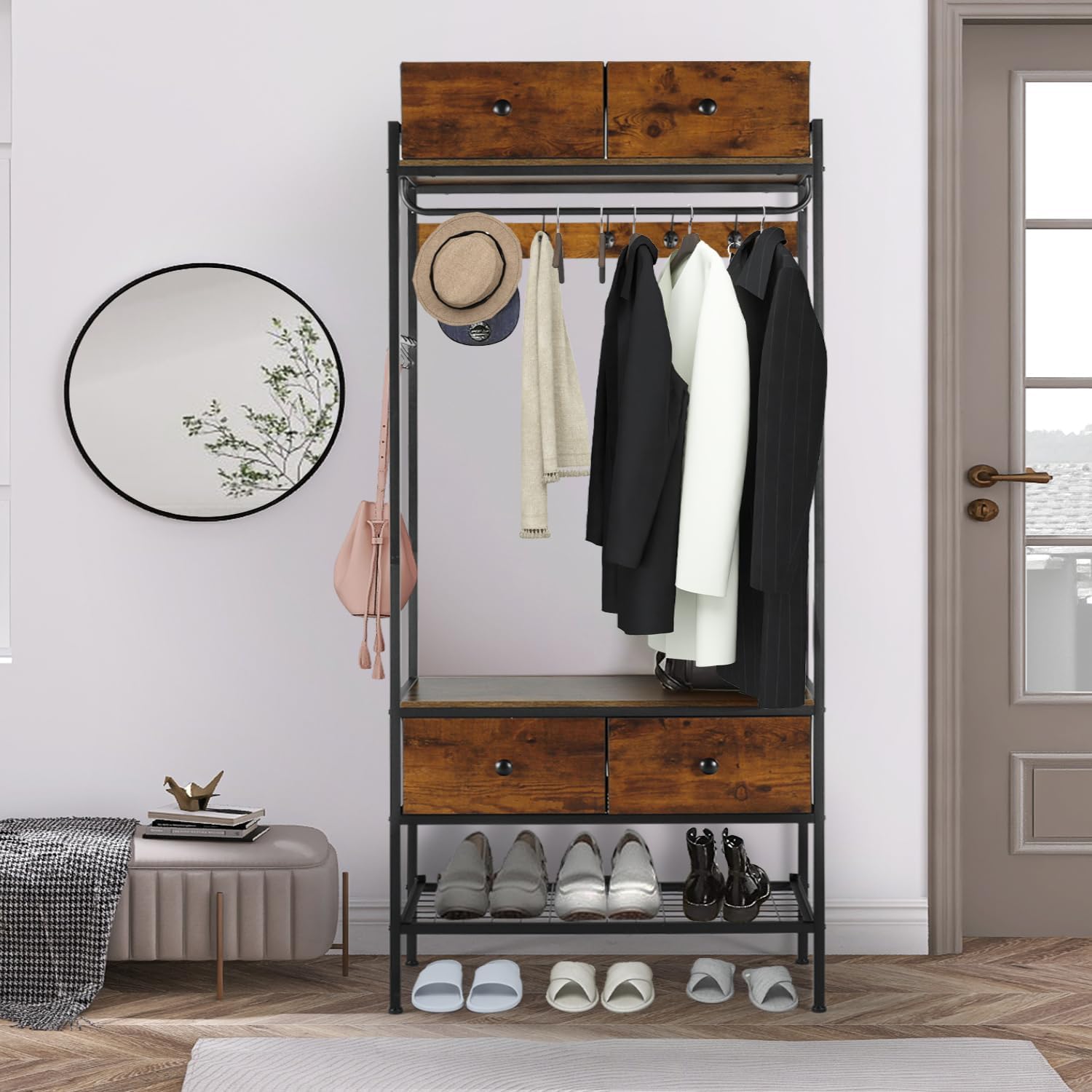 YIGOBUY Free Standing Coat Rack Hall Tree with Industrial Garment Rack with Shelves Drawers and Hooks, Small Clothes Rack for Bedroom, Living Room，Entryway Rustic
