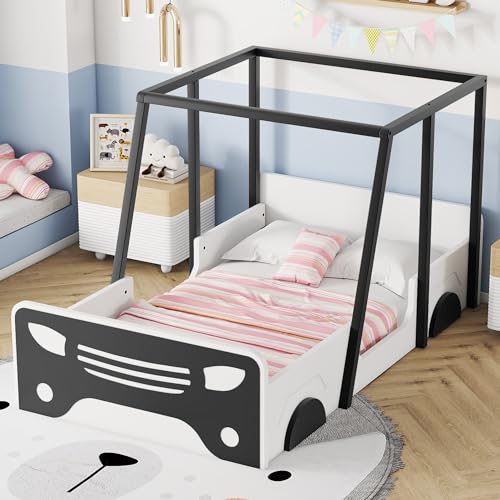 Majnesvon Designs Twin Car Bed Frame with Roof,Wooden Twin Floor Bed with Wheels and door Design for Boys Girls Child's Bedroom (Grey)