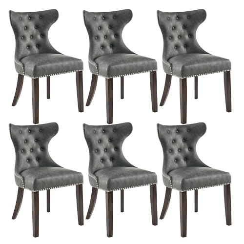 Set of 6 Upholstered Dining Chairs, High-end Dining Chairs with Nailhead Trim and Wing Back, Luxury Style Solid Wood Dining Chairs for Kitchen/Bedroom, Carbon Gray Fabric, CY-MJR-DK