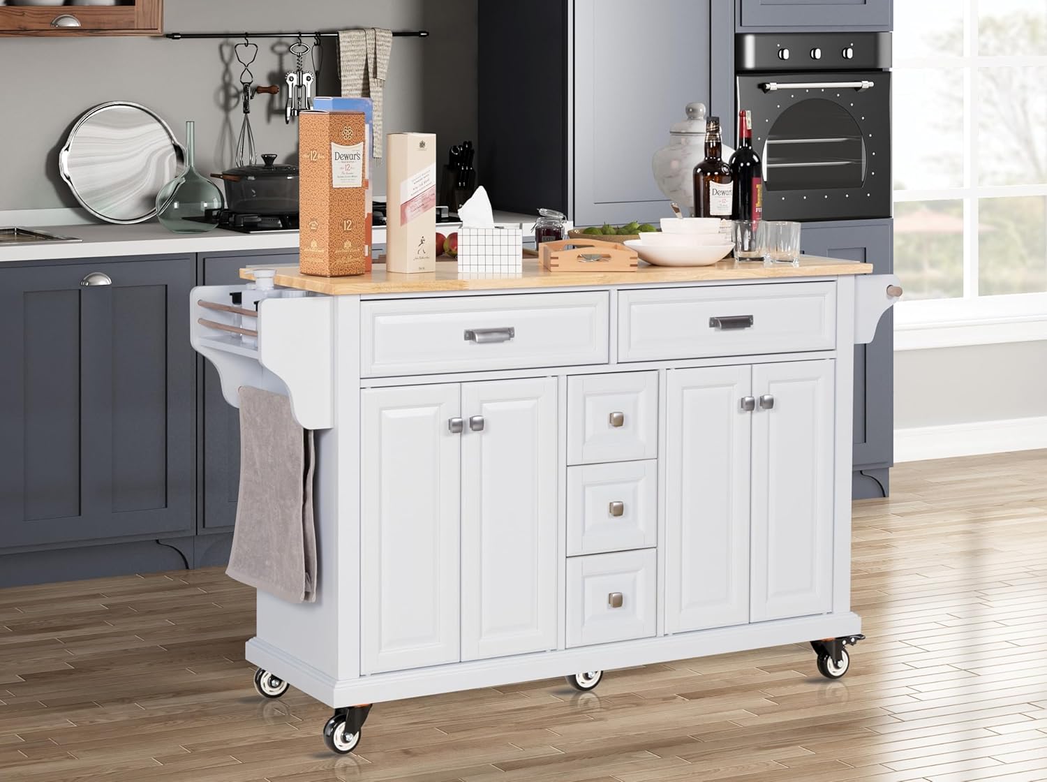 Cambridge Natural Wood Top Kitchen Island with Storage (White) W914S00002