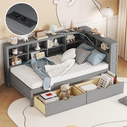 Twin Daybed with Trundle, Wooden L shaped Bed Frame with Charging Station, Sofa Bed Frame with Storage Shelves for Bedroom Living Room Teens Adults (White, Twin)