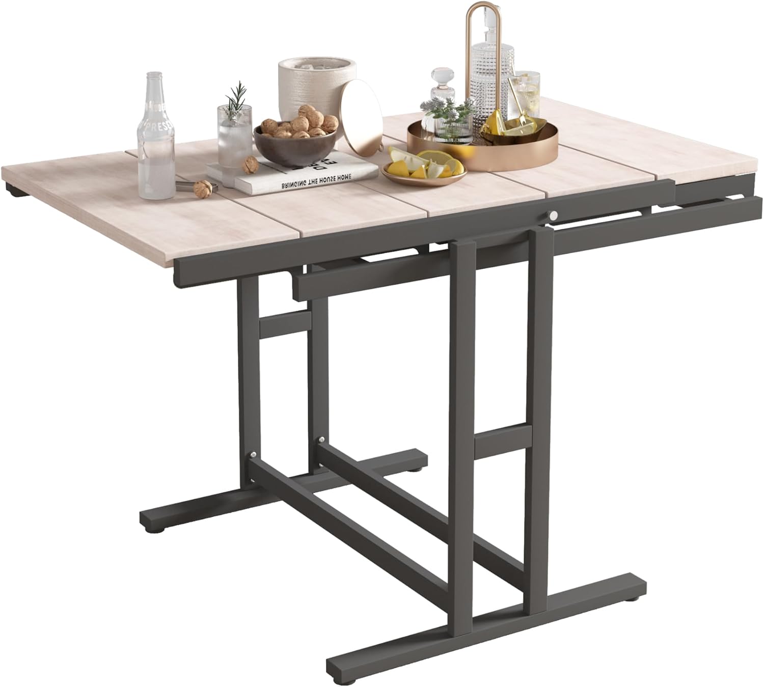 Space Saving Convertible Shelf Table, Multipurpose Converting Kitchen Dining Table to Shelf, Wood and Metal Convertible 2 in 1 BookShelf to Dining Table