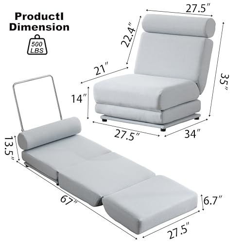 INMOZATA Folding Sofa Bed - 4 in 1 Sleeper Chair with Pillow - Portable Fold Out Couch Modern Linen Foldable Single Sofa Bed for Living Room/Dorm/Guest Use/Home Office/Apartment,Dark Grey