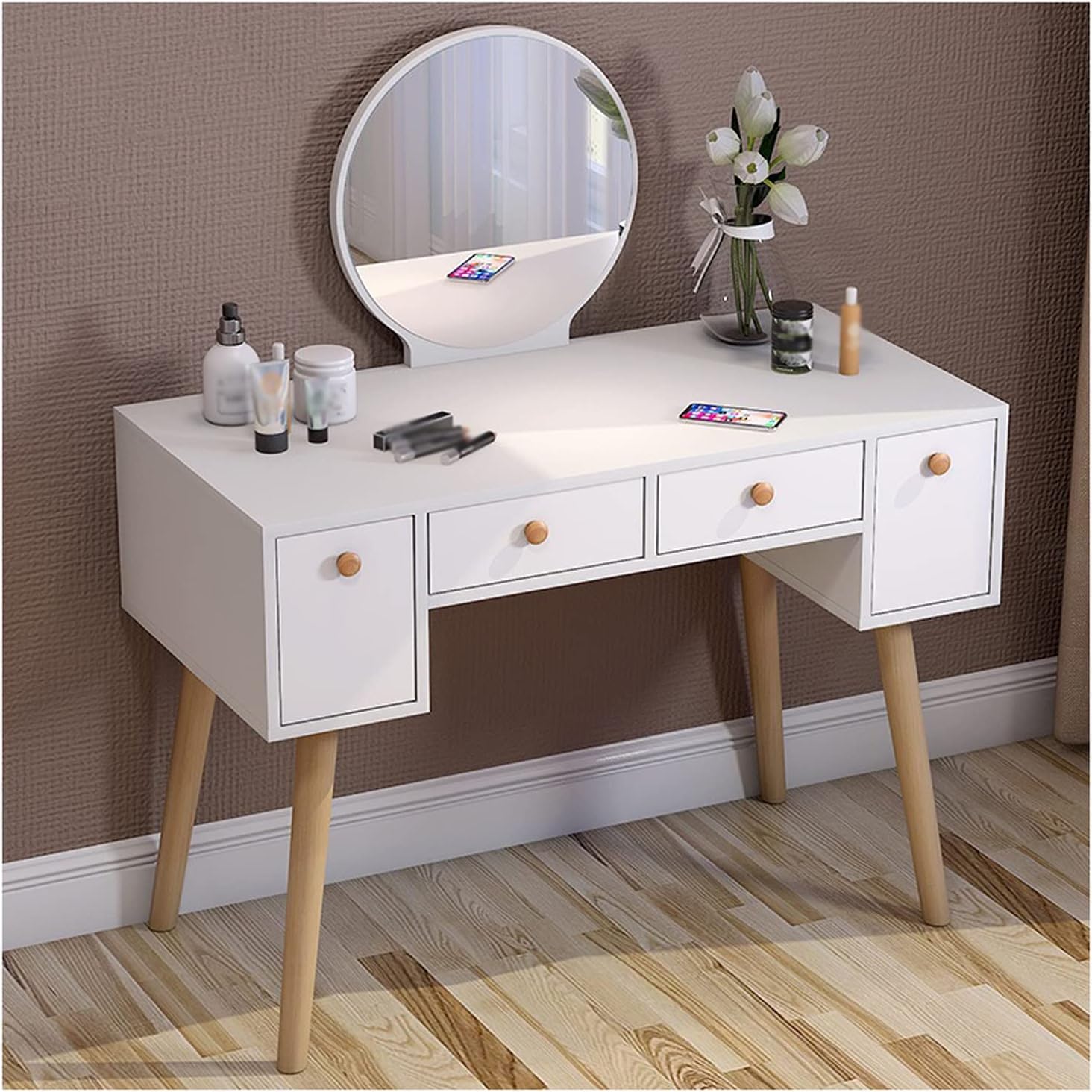 KOHARA Dressing Table Makeup Table Bedroom Apartment Dressing Table Storage Cabinet Wooden Dressing Table with Mirror and 4 Drawers,L100×D40×H76cm Makeup Table Vanity Table (Color : Gold) (Gold)