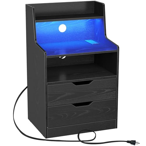 Rolanstar Nightstand with Charging Station and LED Lights, 2 AC and USB Power Outlets, Night Stand with 2 Drawers and Storage Shelves, Bedside Table for Bedroom - White