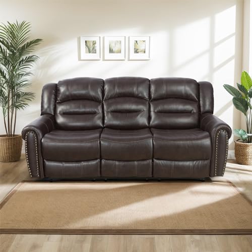 Recliner Sofa, Semi PU Synthetic Leather Couch Living Room 3-Seat Sofa Chair with Storage Box and Cup Holders for Apartment, Home and Office (Brown)