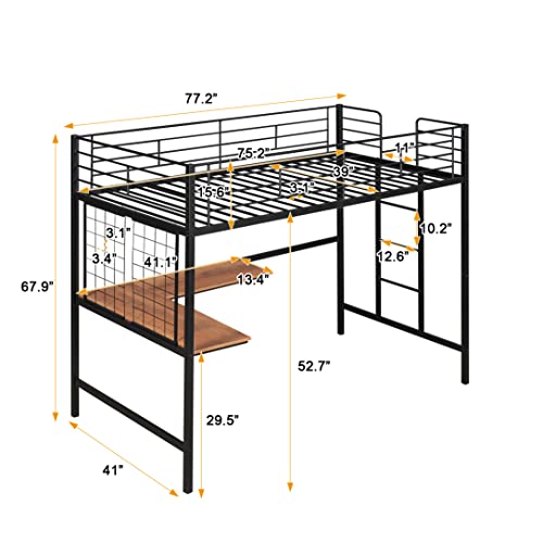 Full Size Mid Metal Loft Gaming Bed with Desk and LED Lights, Modern Steel Loft Bed Frame with Inclined Ladder and Safety Guardrail for Kids Teens Girls Boys, Easy Assemble (Black-08, Full)