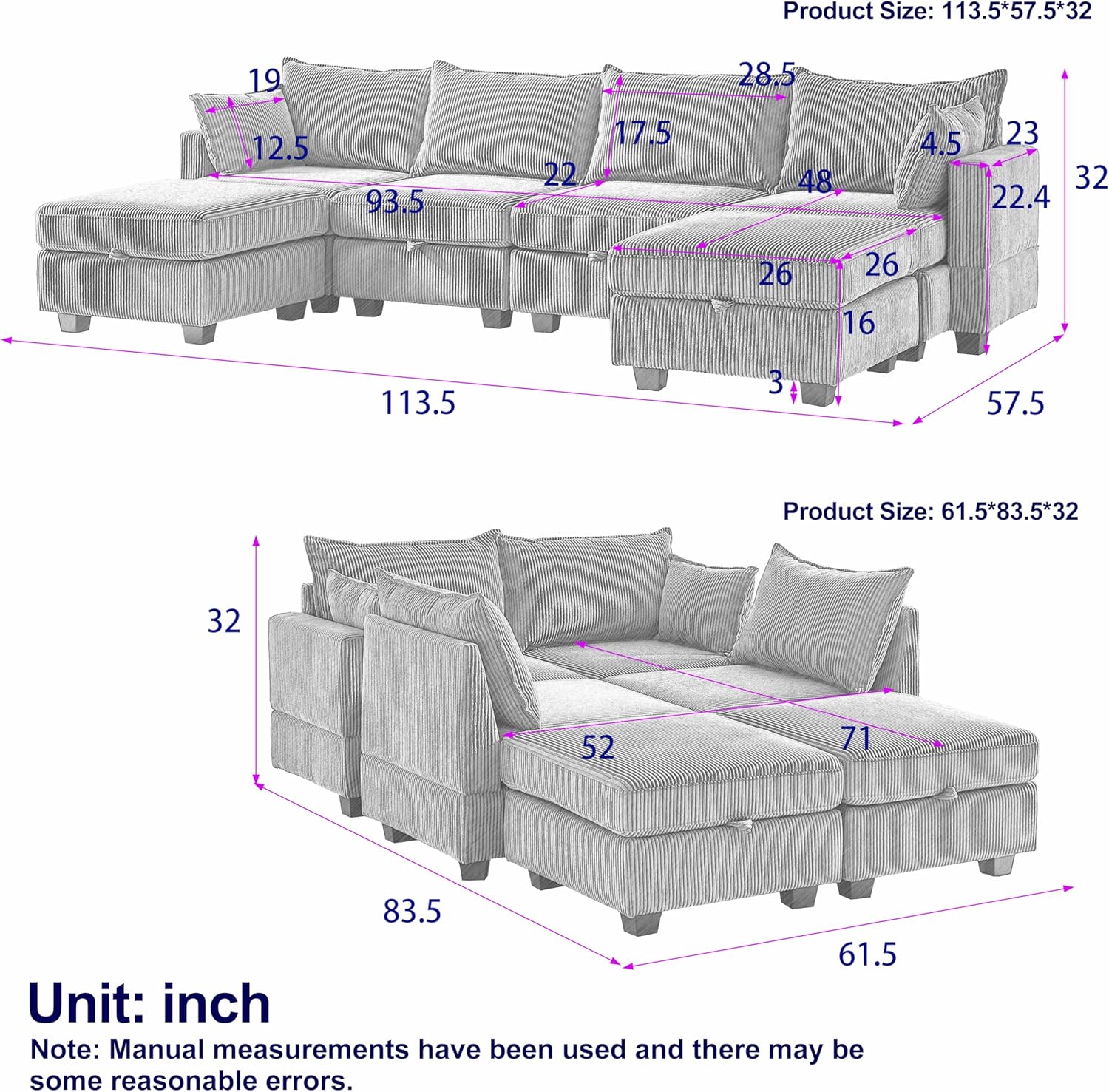 JUSTONE 113.5'' Modular Sectional Sofa with Storage, U Shaped Convertable Sectional Couch with Wide Chaise, Deep Seat Modular Sectional Sofa with Ottoman, Corduroy,Black