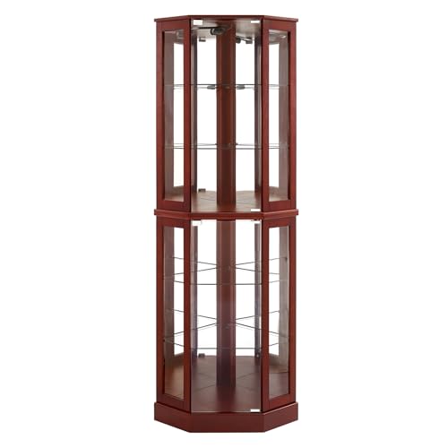 Lighted Display Cabinet Corner Curio Cabinet with Mirrors and Adjustable Shelves, 6-Tier Curio Showcase Floor Stand Collection Art Display Case for Bar Living Room Kitchen Pantry (Cherry)