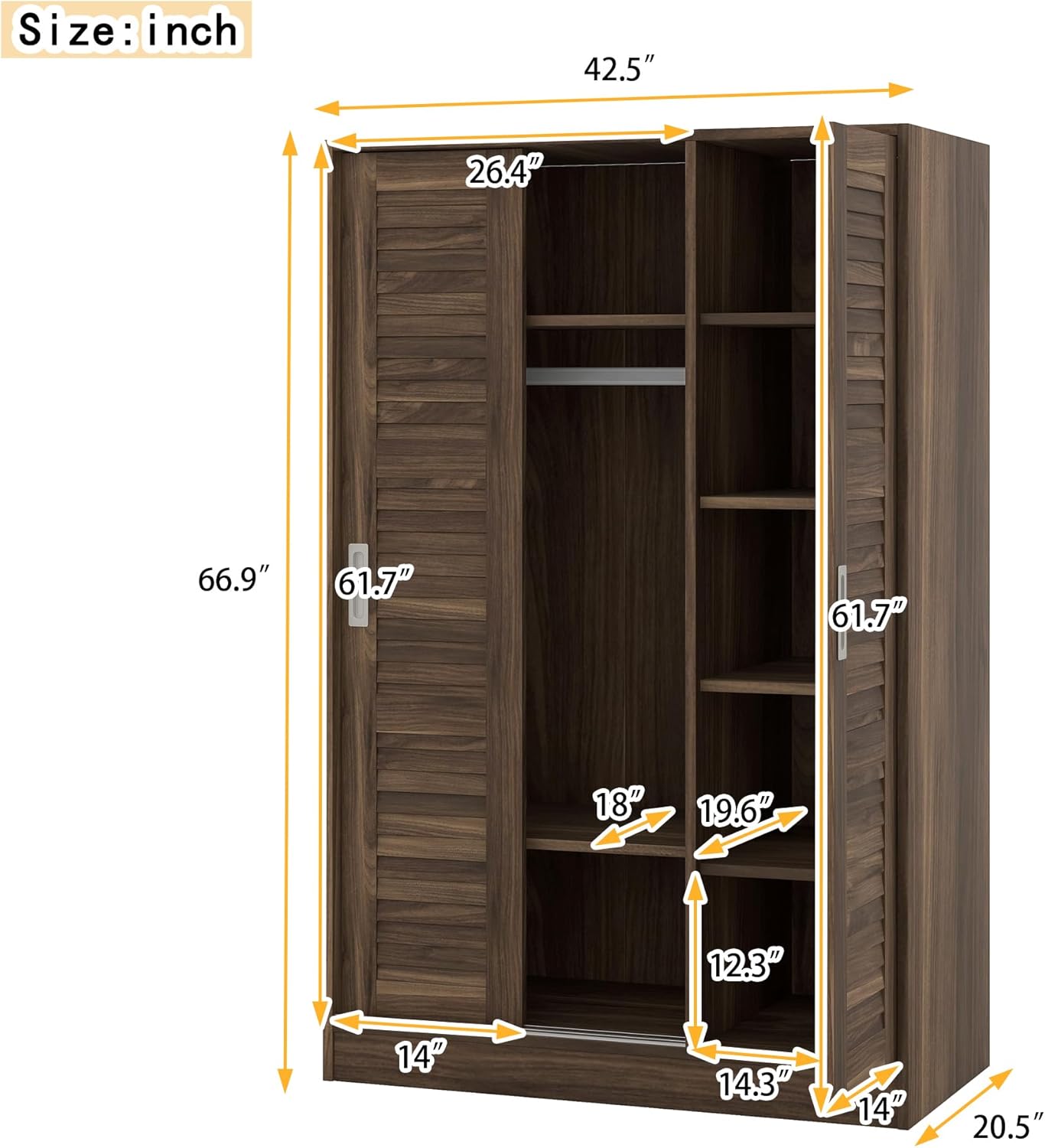 3 Shutter Armoire Wardrobe with Shelves, Freestanding Storage Closet with Hanging Rod, Adjustable Doors, Clothes Organizer Cabinet for Bedroom, Wulnut, Walnut