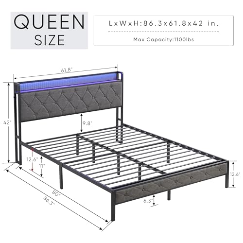 Queen Size Bed Frame with Storage Headboard,Smart LED Lights and Charging Station,Queen Platform Bed Frame with 2 Storage Drawers,Noise Free,No Box Spring Needed (Queen with 2 Drawers)