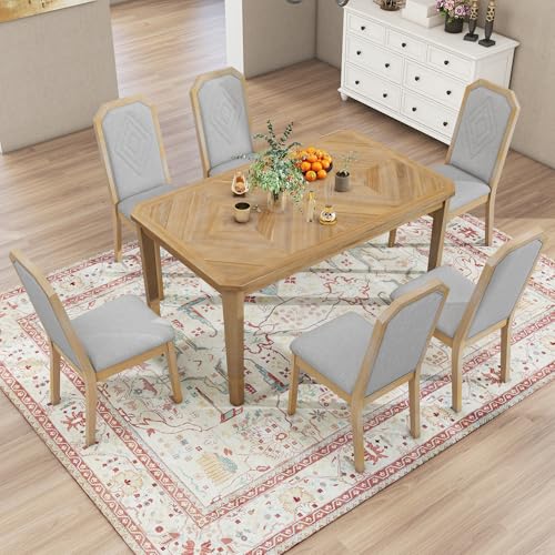 Farmhouse 6-Piece Dining Table Set, Rectangular Storage Table with Storable Bench and 4 Upholstered Dining Chairs, Wooden Kitchen Set with Storage& Drawer, Dining Table Set for 6 (Natural+Beige-S)