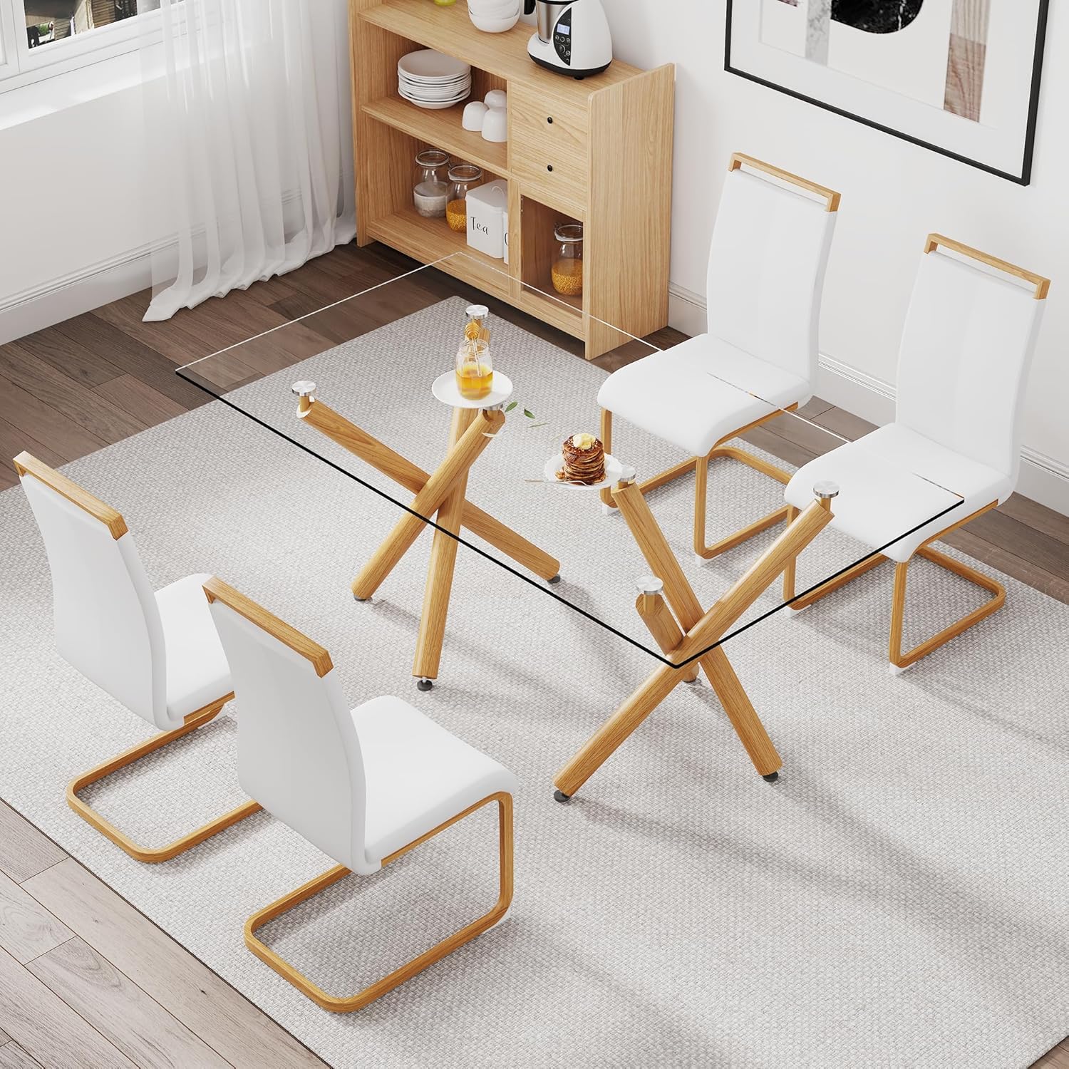 1 table and 4 chairs. Glass dining table with 0.39 