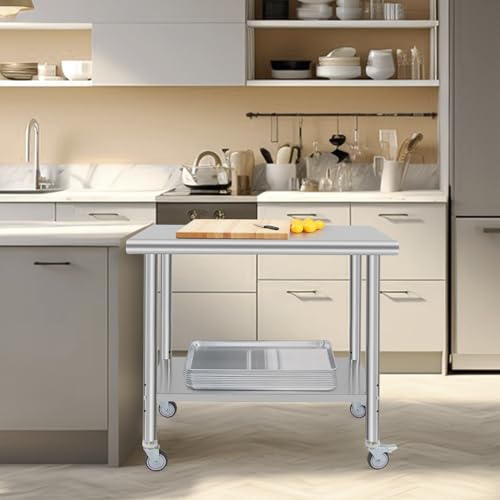 GlowSol NSF Stainless Steel Table, 36 x 24 x 35 Inch Metal Prep & Work Table, Commercial Food Prep Table with Adjustable Undershelf and Wheels for Commercial Kitchens, Restaurants, Garages and Hotels