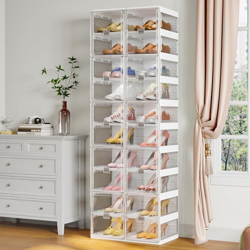 S1 Foldable Shoe Rack for Closet, Shoes Storage Organizer Cabinet for Entryway, Large Stackable Plastic Shoe Box Sneaker Storage with Clear Magnetic Door, 10 Tiers 20 Pairs