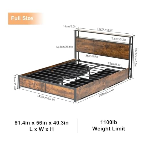 Bed, Full/Queen Size Bed Frame, Metal Platform Bed with USB Port and LED Light, Storage Drawer, Double Bed Compatible with Adults and Teenagers (Color : 2, Size : Queen)