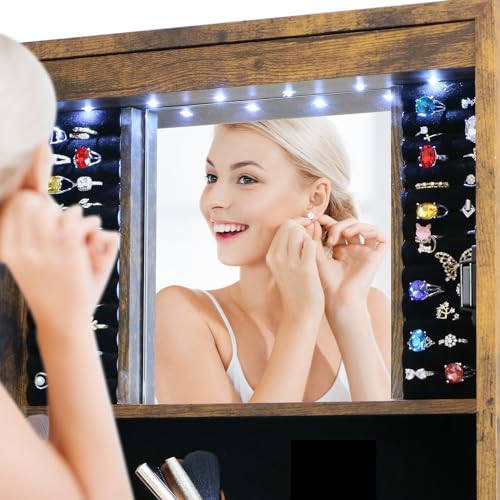 Mirror Jewelry Cabinet 62 Inch Full Length Mirror with Standing Jewelry Armoire Organizer, Lockable Jewelry Storage Cabinet With Drawer Wheels White