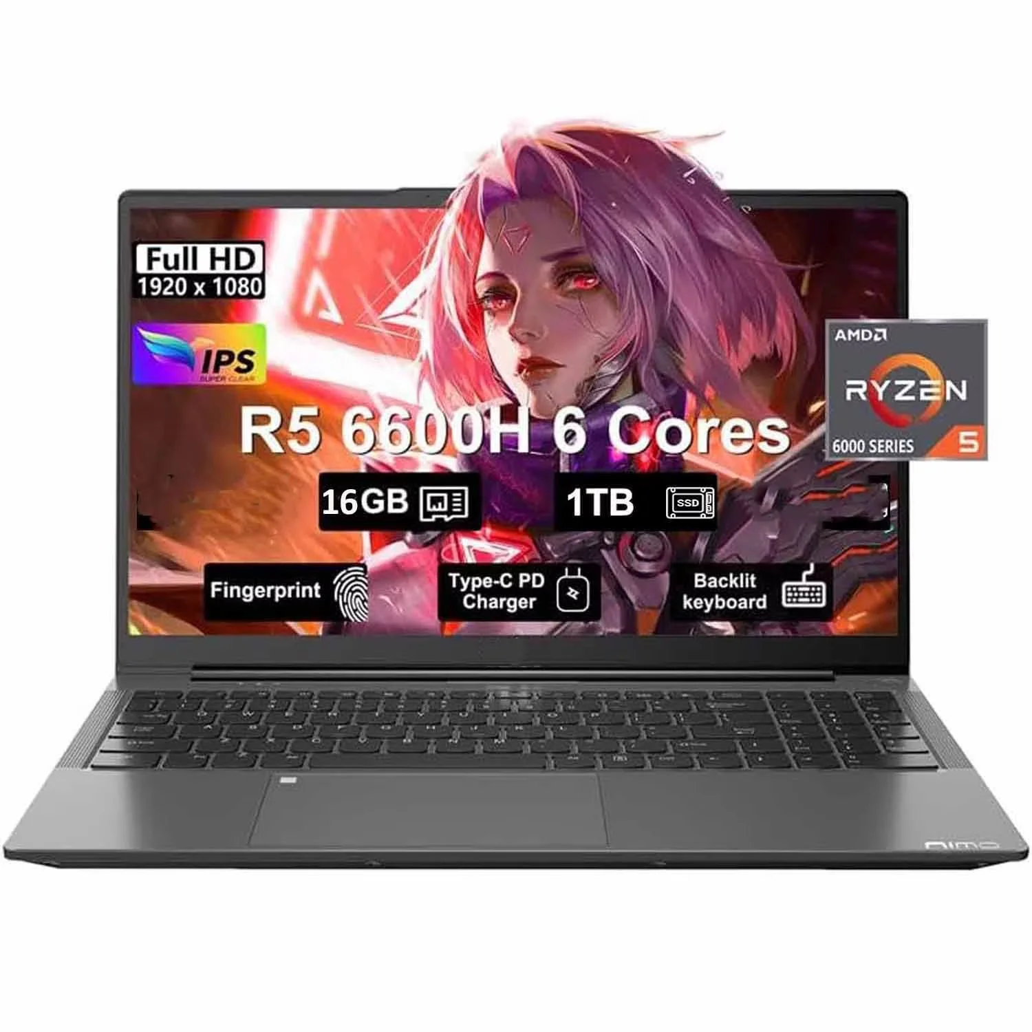 15.6" IPS FHD-Gaming-Laptop, AMD Ryzen 5 6600H 6-Cores 660M GPU 16GB DDR5 RAM 1TB SSD(Beat i7-1165G7, Up to 4.5GHz) Computer with 100W GaN Type C Fingerprint Backlit Keyboard Win 11