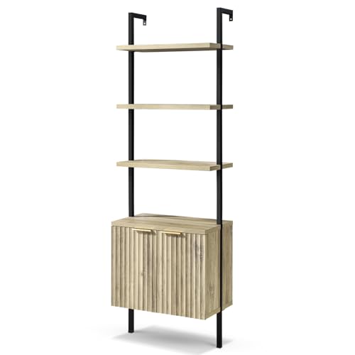 Oxford Bookshelf, Ladder 5 Tier Open Bookshelf, Tall Book Shelf with Cabinet, Wall Mount Bookshelves with Display Rack, Bookcase with Shelves for Bedroom, Living Room (Pale Oak 2 PCS)