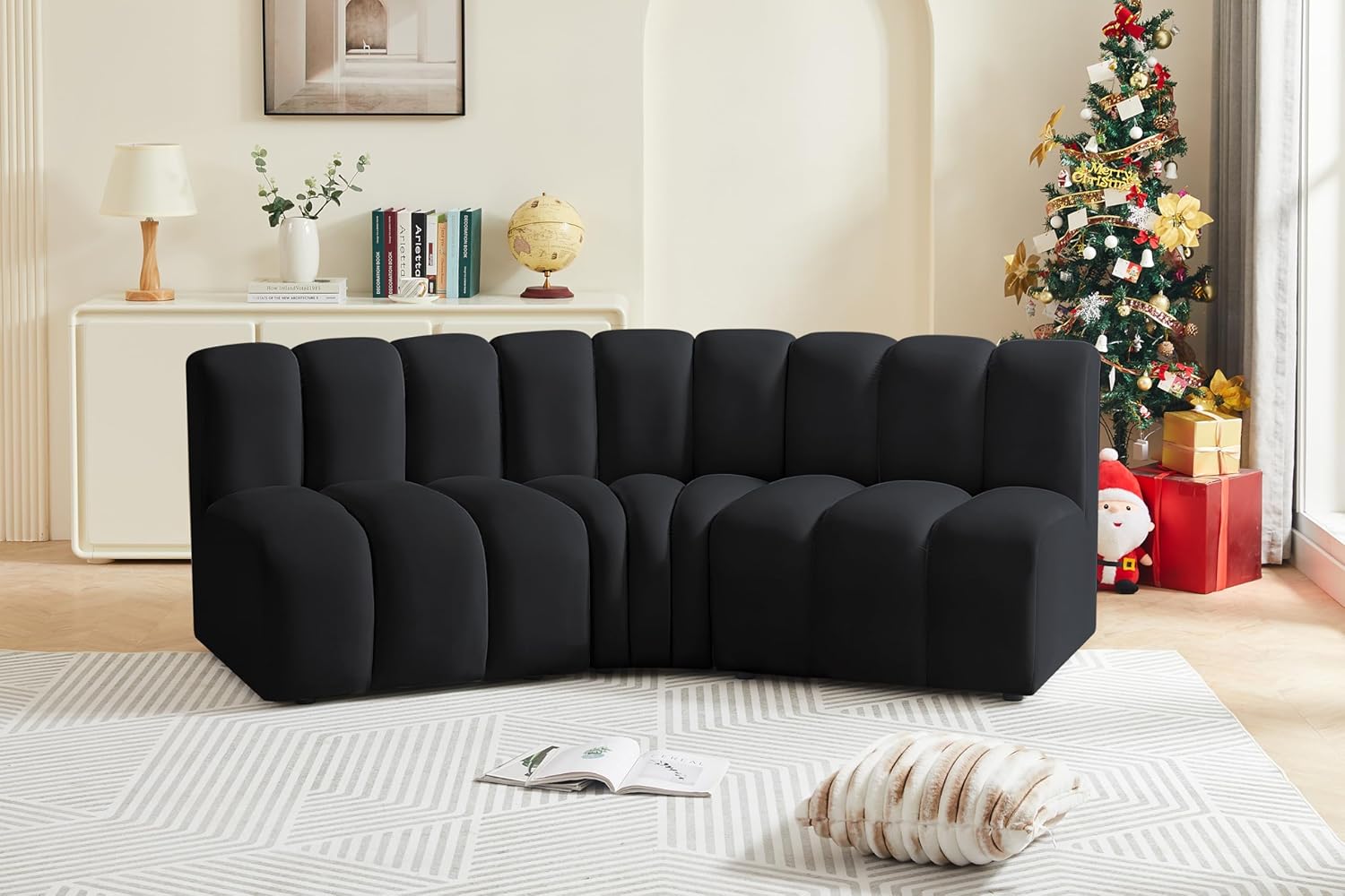 Meridian Furniture Arc Collection Modern | Contemporary Sofa with Soft Velvet, Deep Channel Tufting, Modular Design, 86 W x 41 D x 30 H, Black